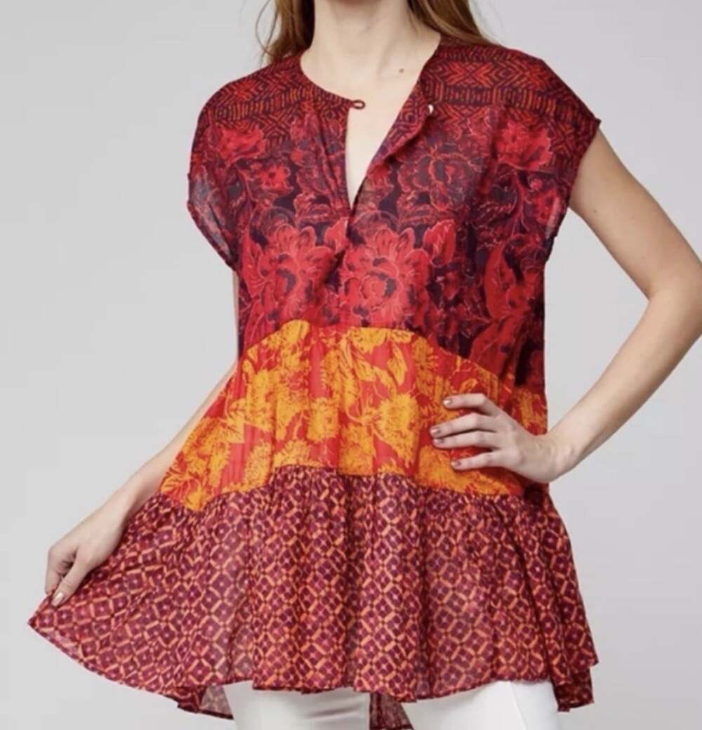 Free People Women Cotton Top Red Gotta Have You Tunic Floral Oversized M